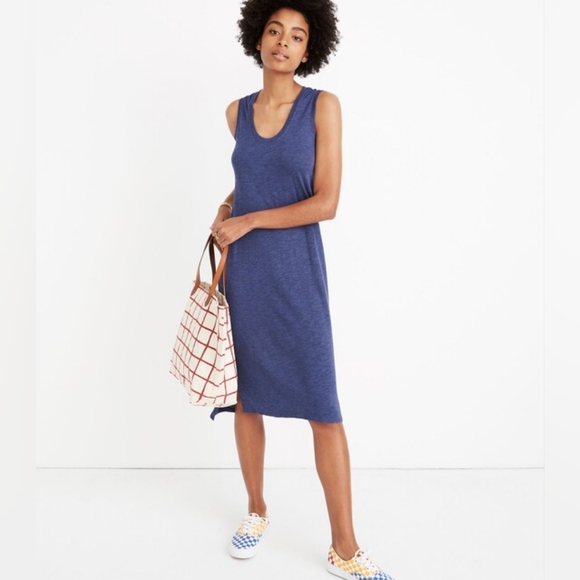 Madewell Jersey Tank Dress Womens Small Dark Blue Midi Side Slits Sleeveless‎ - Picture 1 of 16